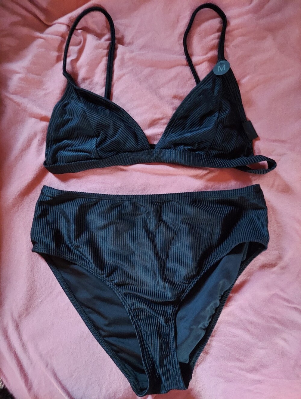 Cotton On Black Ribbed Triangle Bikini Set